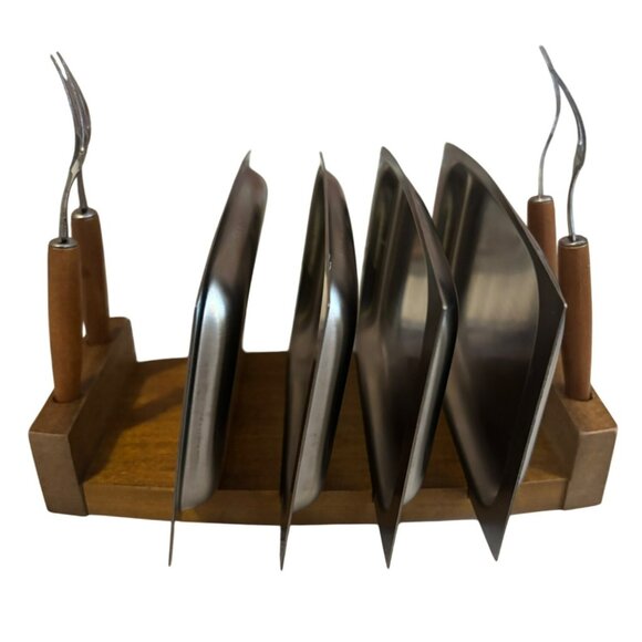 MCM snack tray w/serving Forks Japan Appetizer Fork Set Wooden Stand NOS - Picture 2 of 7